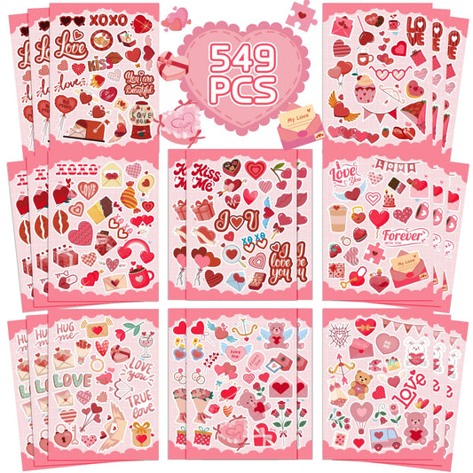 GULWAT Valentines sticker sheets laid out for kids' crafts and gifts