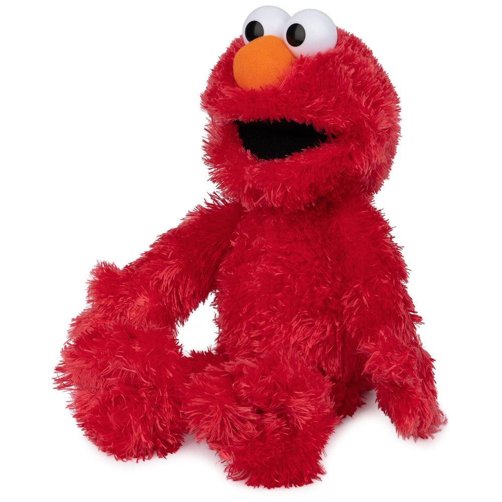 GUND Elmo 13-inch plush fur texture, soft shaggy red fabric.