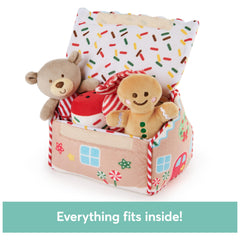 GUND house roof opens with touch-and-close fastener for easy toy storage.