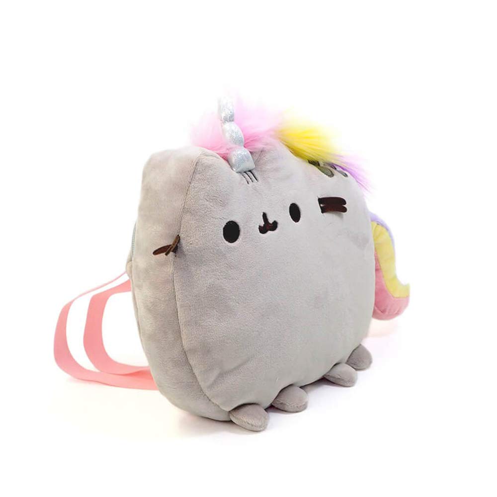 GUND Pusheenicorn plush backpack on shoulder demonstrates adjustable straps for comfortable travel.