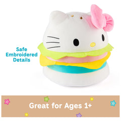 Neon lettuce and cheese toppings brighten the Hello Kitty hamburger plush