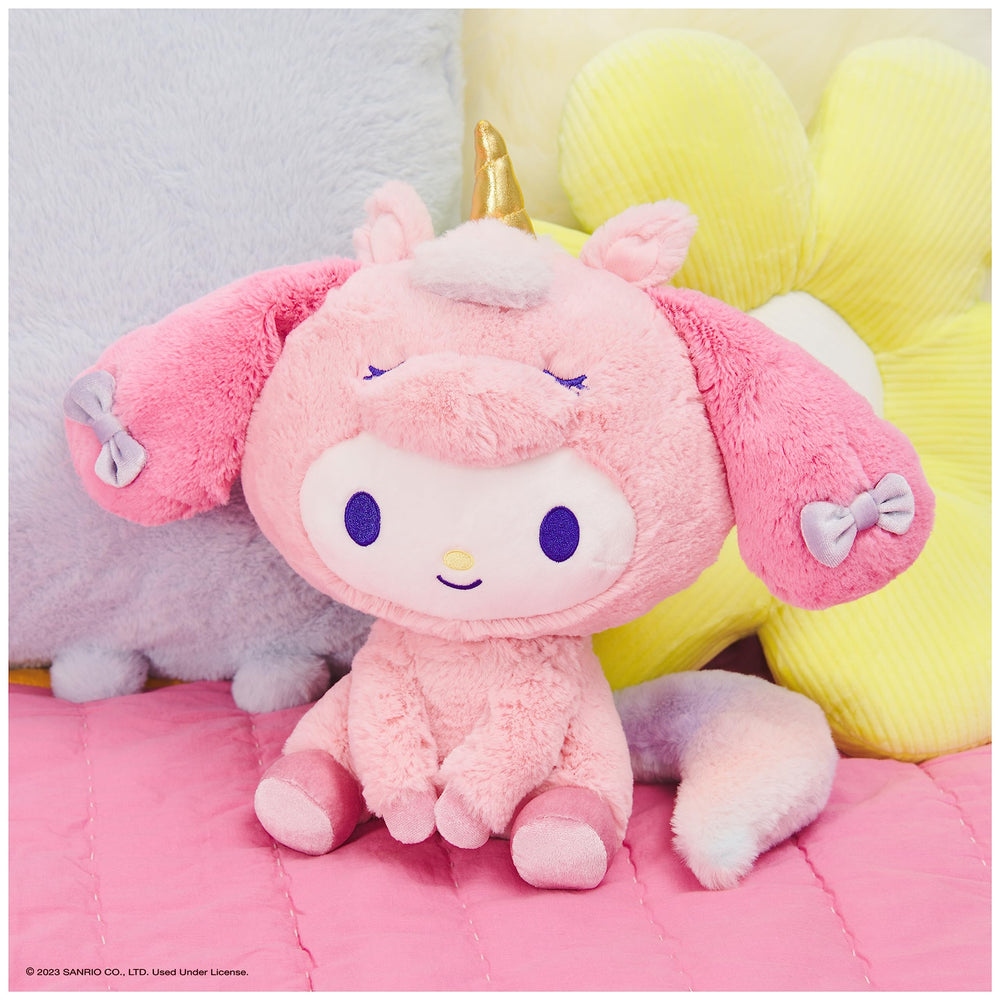 GUND My Melody Unicorn plush pink hood and rainbow mane, perfect cuddle.