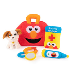 GUND Sesame Street Elmo & Tango Checkup Bag showing four sensory toys for curious hands