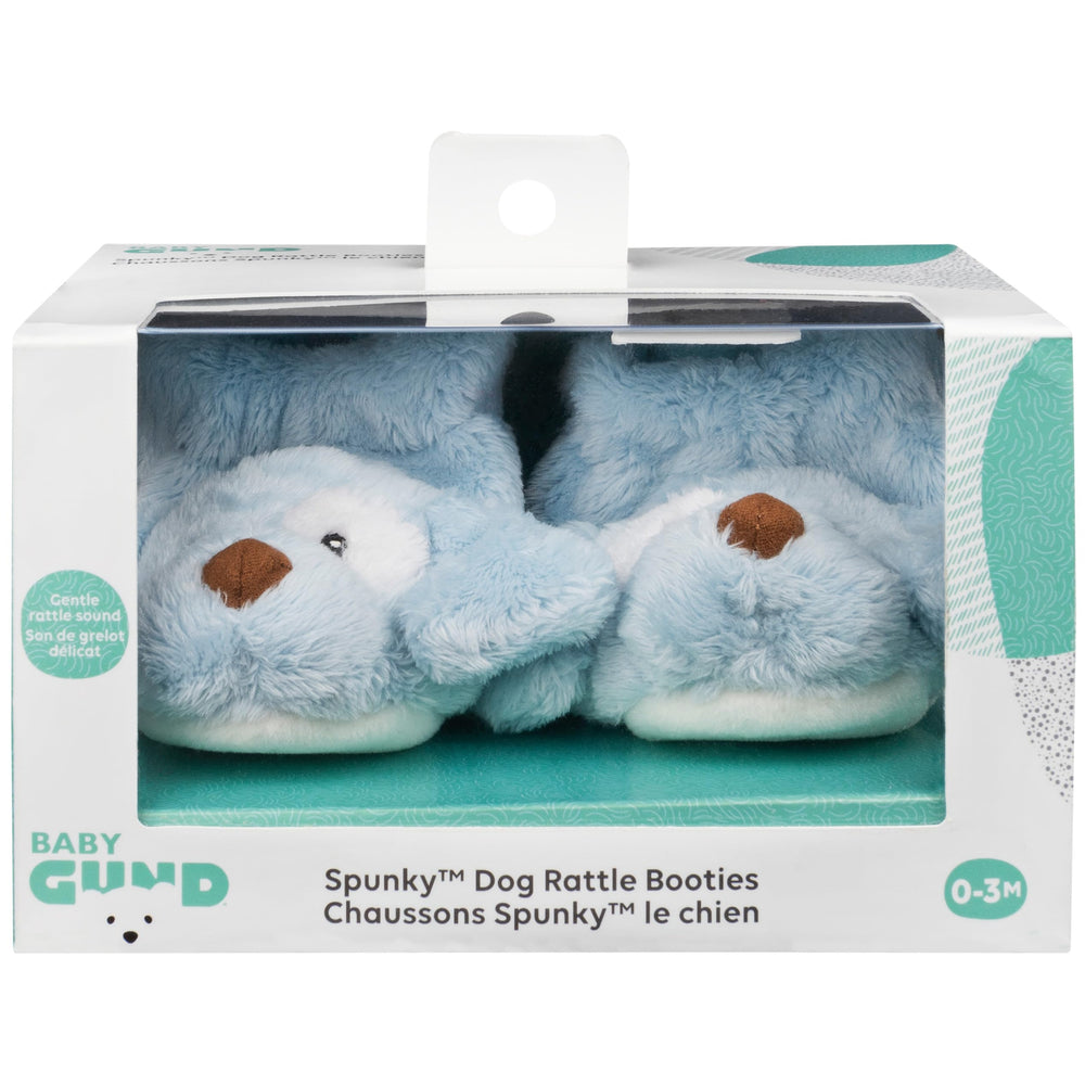 GUND Spunky Puppy rattle booties in packaging, ready for gift registries.