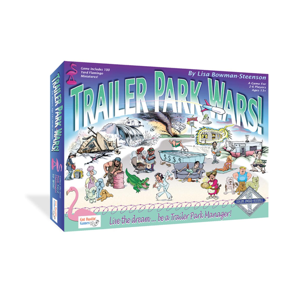 Gut Bustin' Games Trailer Park Wars box art illustrates a playful setup for group game nights.