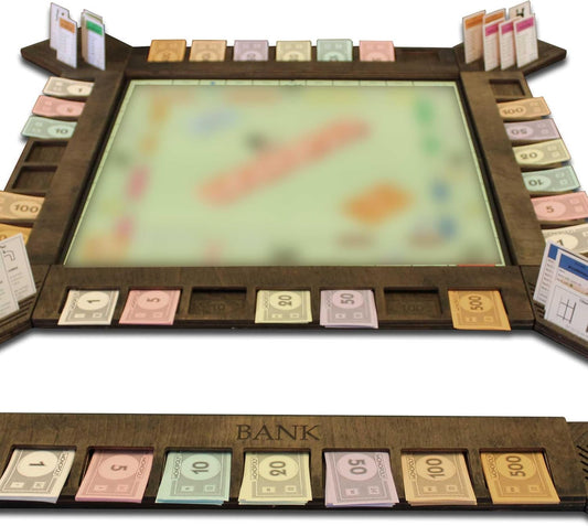 GUYTRENDz custom frame ebony front view keeps Monopoly pieces organized and accessible.