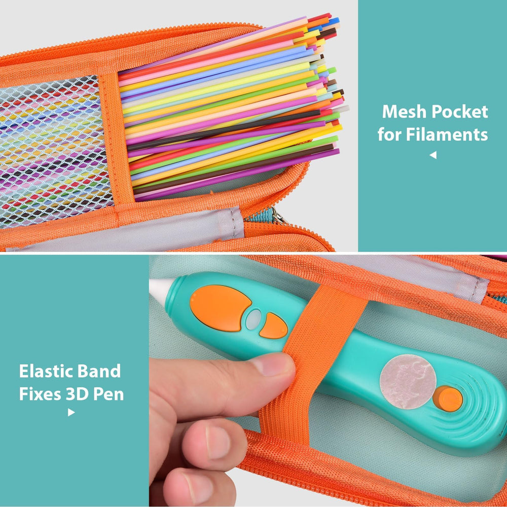Mesh pocket holds refills, USB cable, and charger for quick access.