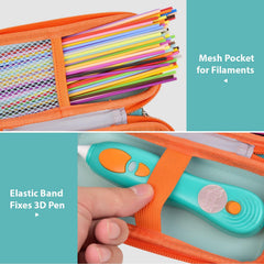Mesh pocket holds refills, USB cable, and charger for quick access.