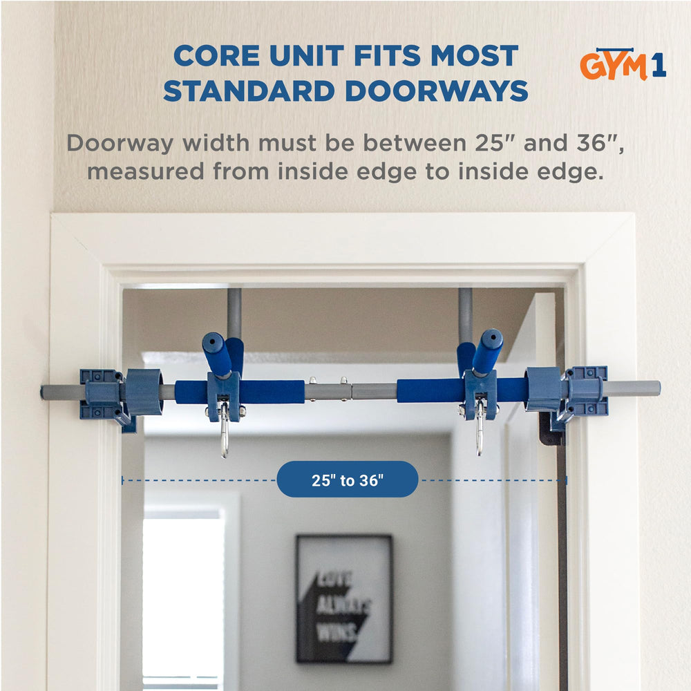 Gym1 blue 4-piece doorway gym for family-friendly indoor workouts.