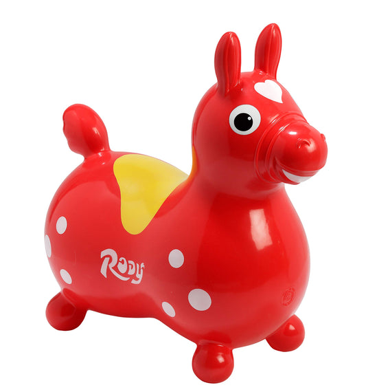 Gymnic Rody Bounce Horse Red front view shows safe riding for balance development.