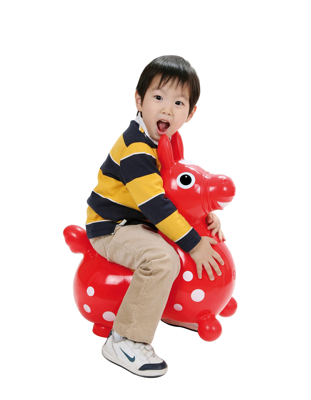 Gymnic Rody Bounce Horse Red side view highlights durable, soft foam for cozy, secure play.