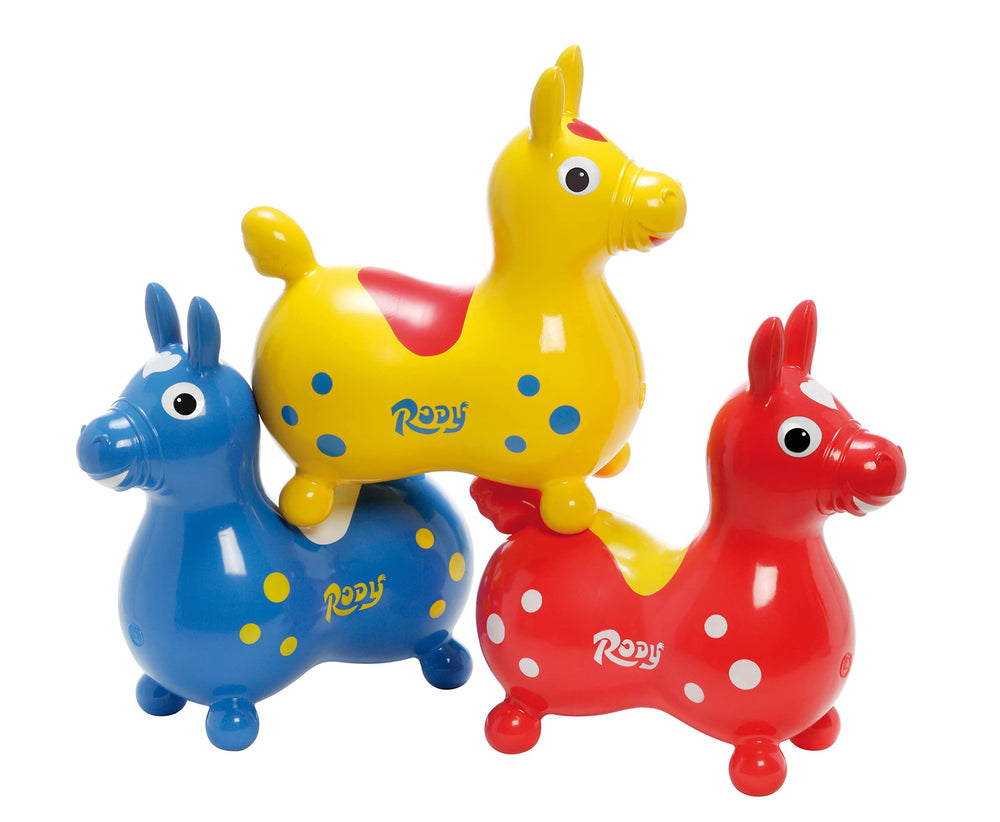 Gymnic Rody Bounce Horse Red soft cover enhances gentle bouncing experience.
