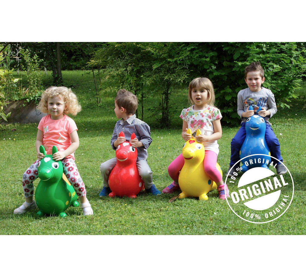 Gymnic Rody bounce horse yellow kids playing fosters coordination and social interaction.