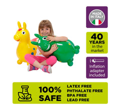 Gymnic Rody bounce horse yellow seat close-up highlights durable latex-free vinyl.