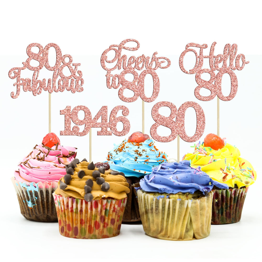 Gyufise 80th birthday cupcake toppers ready to insert on cake for festive moments.