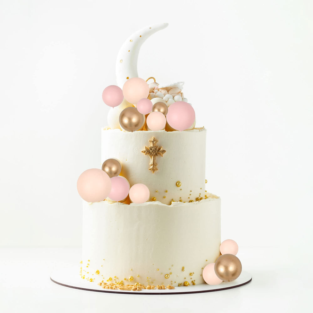 Gyufise ball cake topper apricot gold 3 cm suits baby showers and parties.