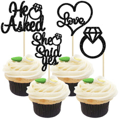 Gyufise black glitter He Asked She Said Yes cupcake topper for wedding cakes.
