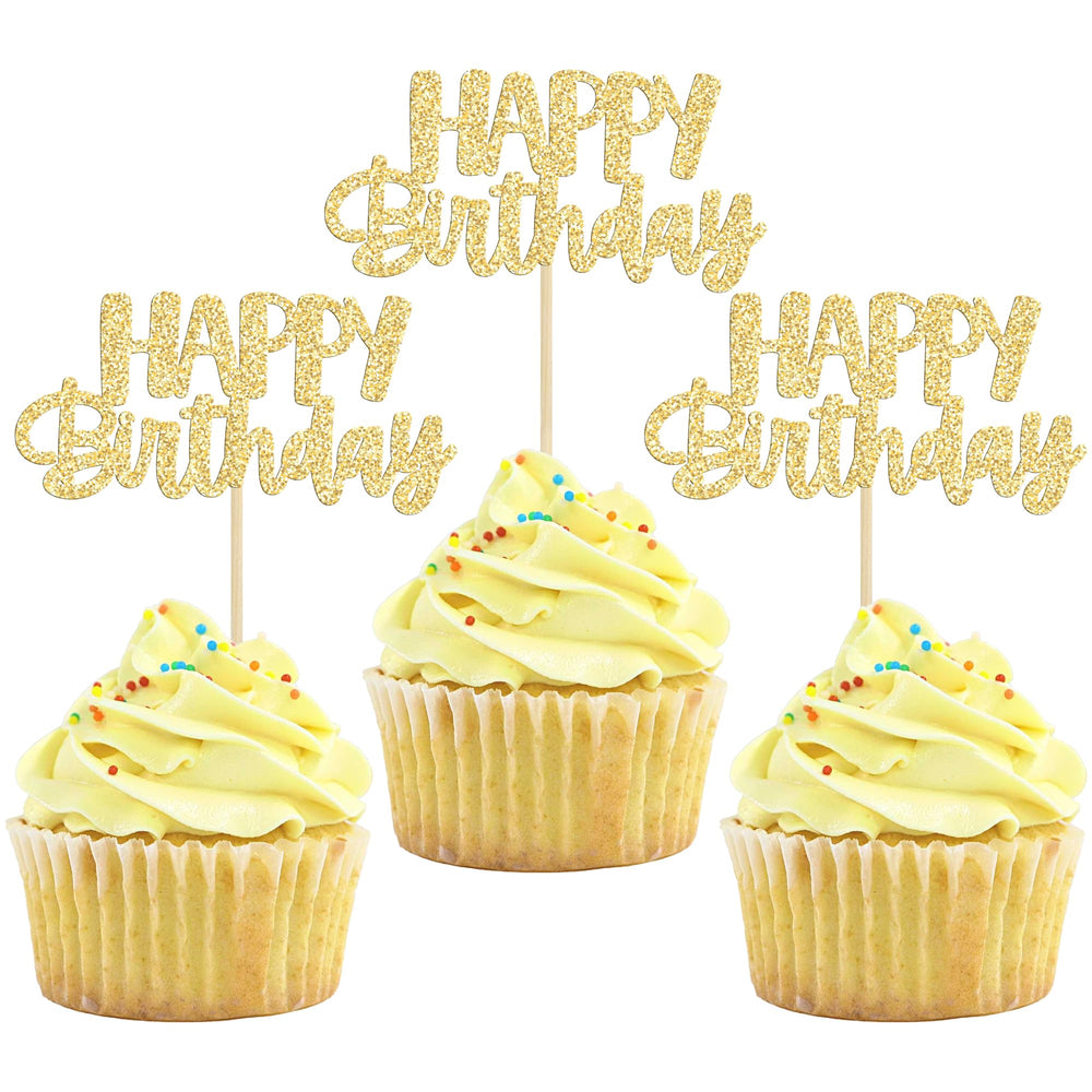 Gyufise cupcake toppers with gold glitter add festive cake flair.