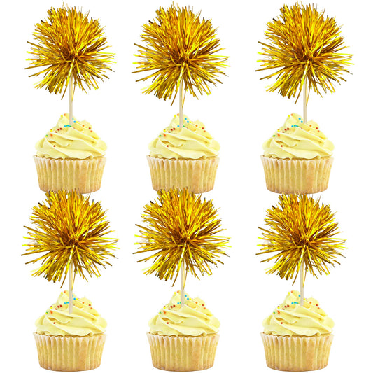 Gyufise foil firework cupcake toppers in dark gold add instant sparkle to desserts.