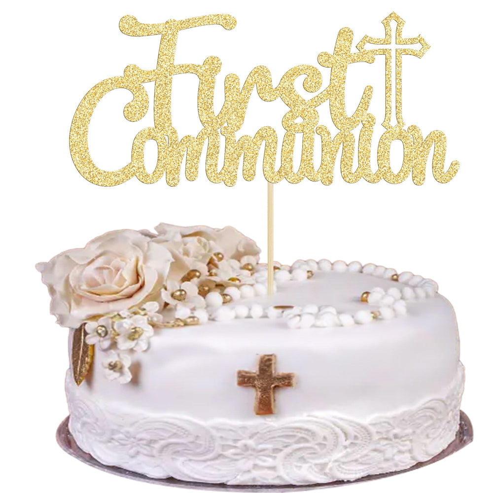 Gyufise gold glitter First Communion cake topper assembled for easy insertion.