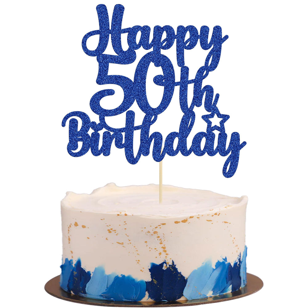 Gyufise Happy 50th Birthday Cake Topper with blue glitter adds festive flair.