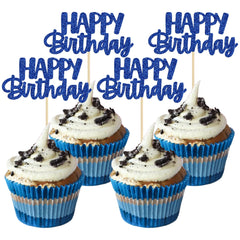 Gyufise Happy Birthday cupcake toppers—blue glitter, 24 assembled picks.