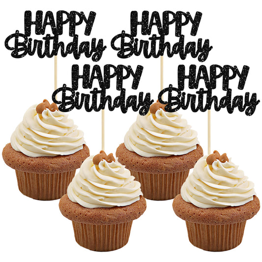 Gyufise black glitter happy birthday cupcake toppers add festive sparkle to your cake.