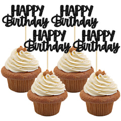 Gyufise black glitter happy birthday cupcake toppers add festive sparkle to your cake.