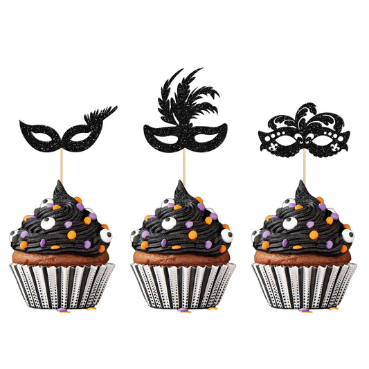 Gyufise masquerade masks cupcake toppers, assembled for direct cake insertion and festive flair.