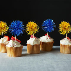 Gyufise mini cake picks elevate dessert displays with gold and blue foil.