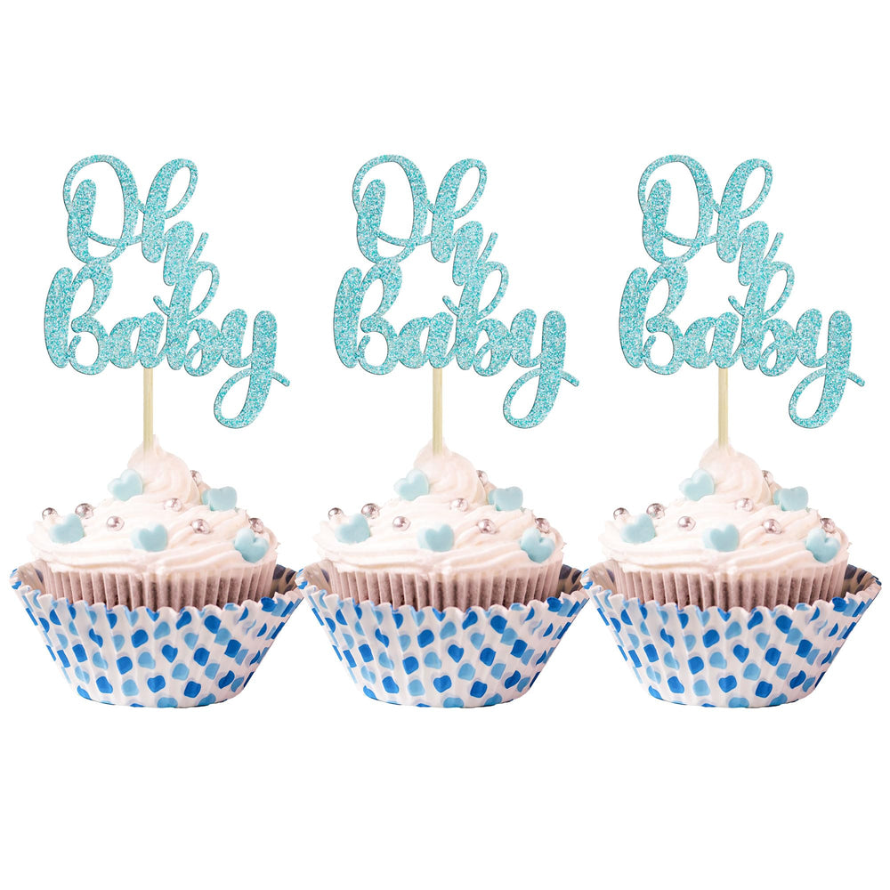 Gyufise oh baby cupcake toppers glittery light blue for baby shower desserts