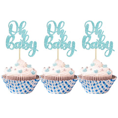 Gyufise oh baby cupcake toppers glittery light blue for baby shower desserts