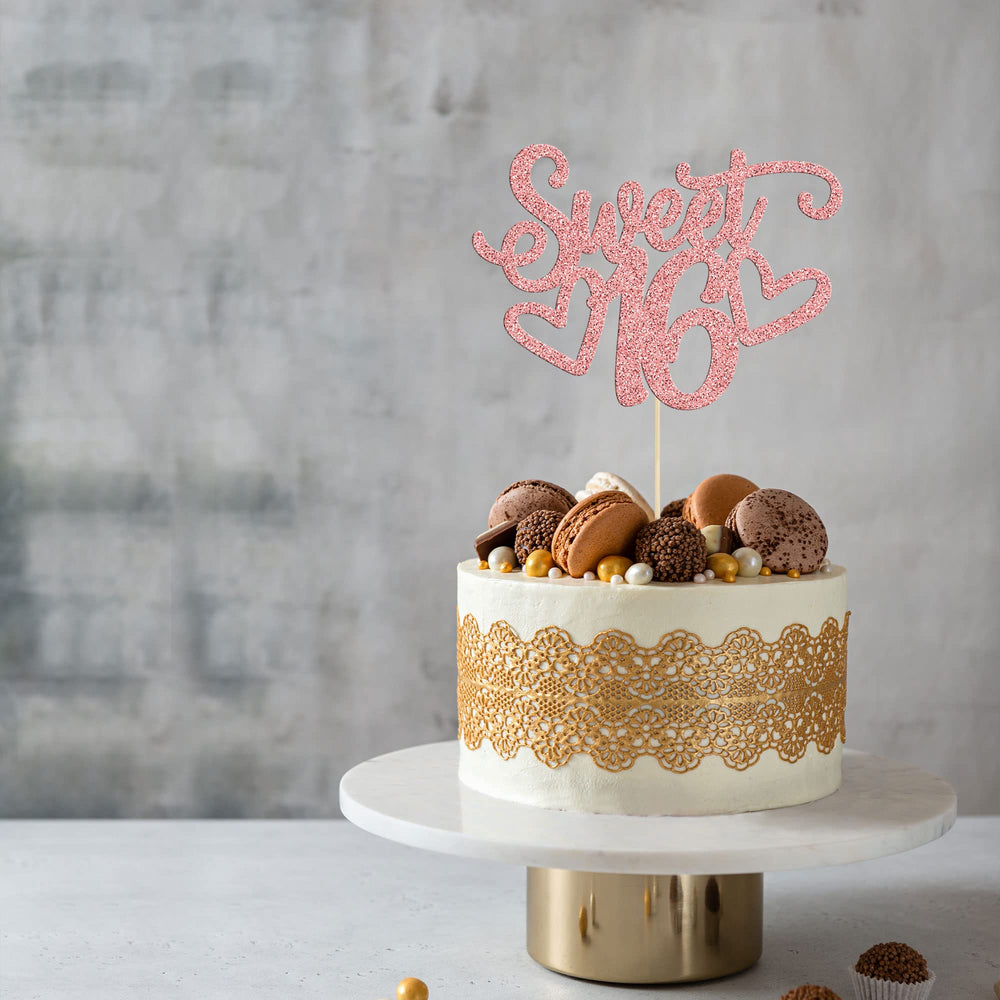 Gyufise Sweet 16 topper shows rose gold shine on dessert.