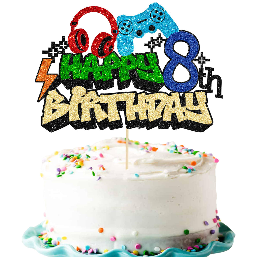 Gyufise video-game happy 8th birthday cake topper enhances celebration visuals.
