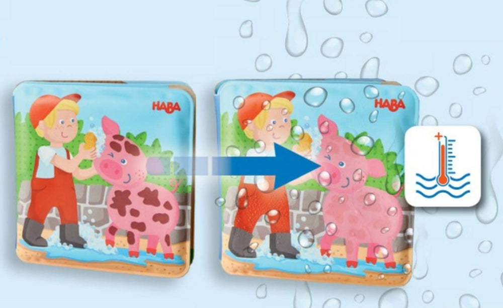 HABA bath toy for toddlers shows evolving images in warm water, promoting sensory water play.