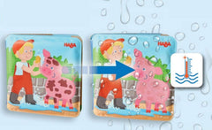 HABA bath toy for toddlers shows evolving images in warm water, promoting sensory water play.