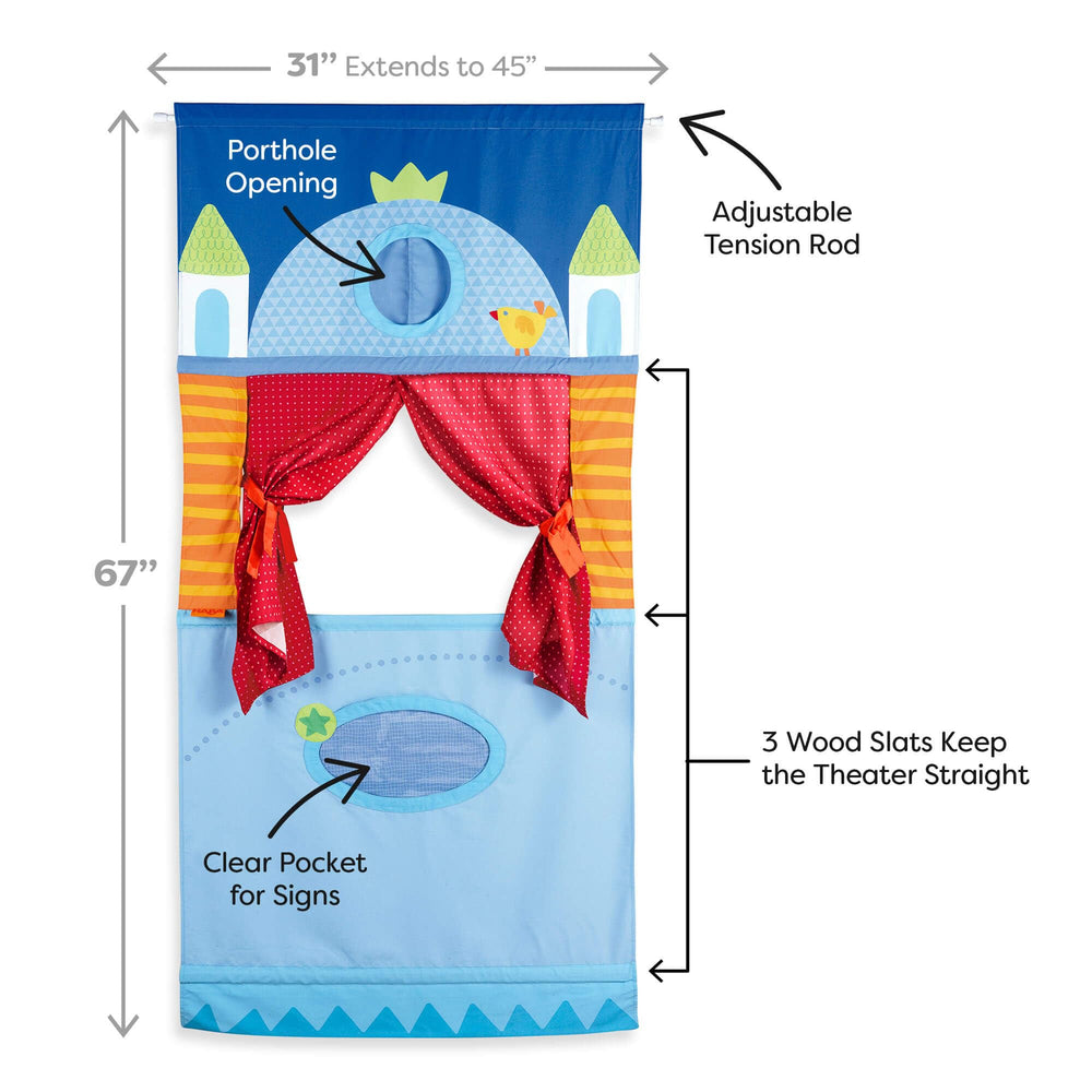 HABA Doorway Puppet Theater with adjustable rod extended fits larger doorways.