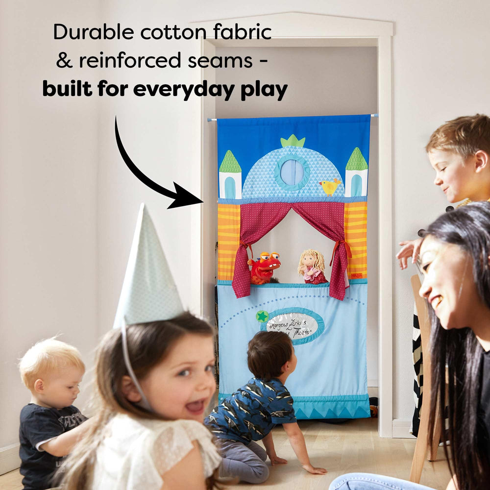 HABA Doorway Puppet Theater castle scene enhances pretend play sessions.