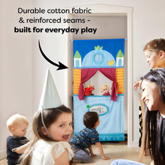 HABA Doorway Puppet Theater castle scene enhances pretend play sessions.
