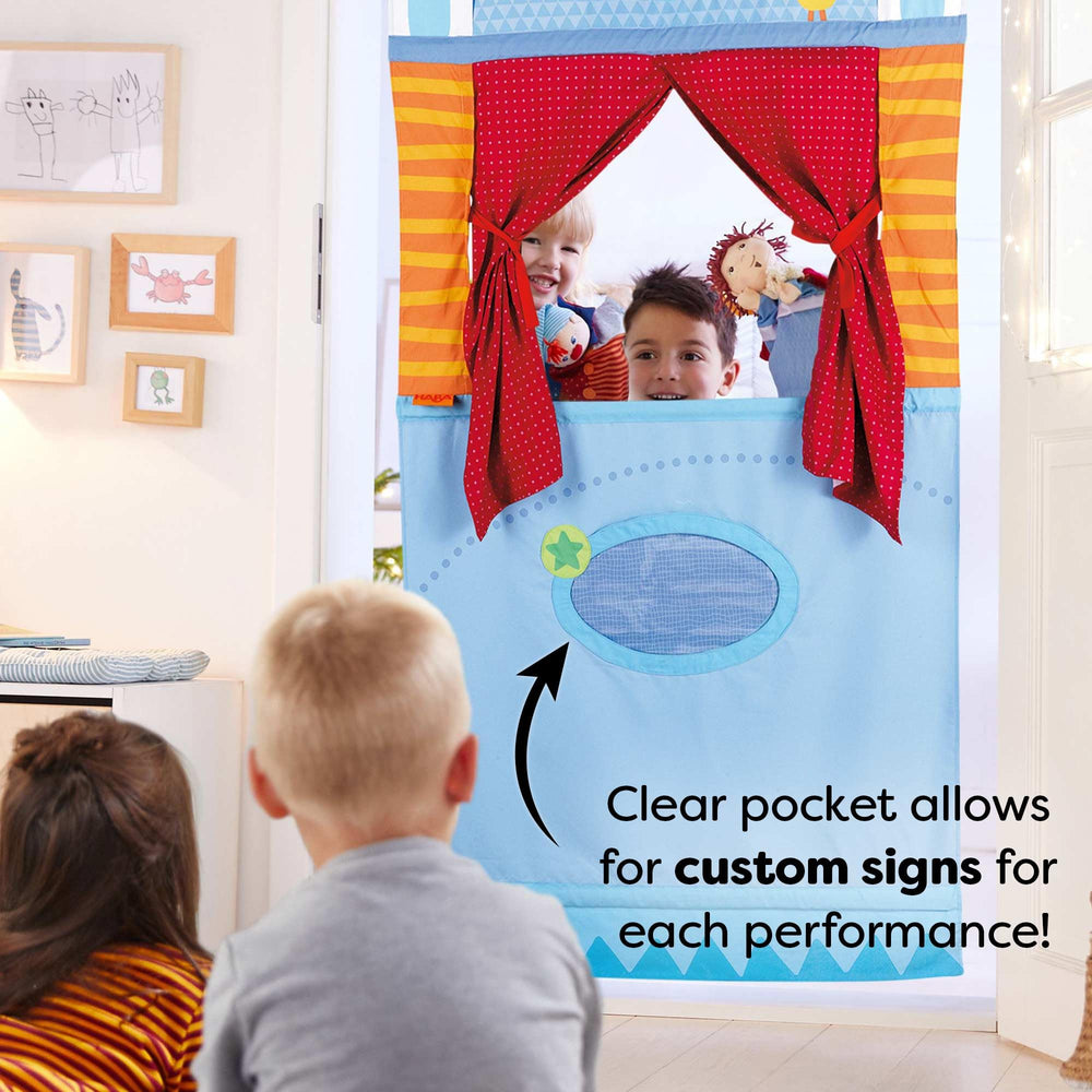 HABA Doorway Puppet Theater oval pocket signage adds custom stage labels.