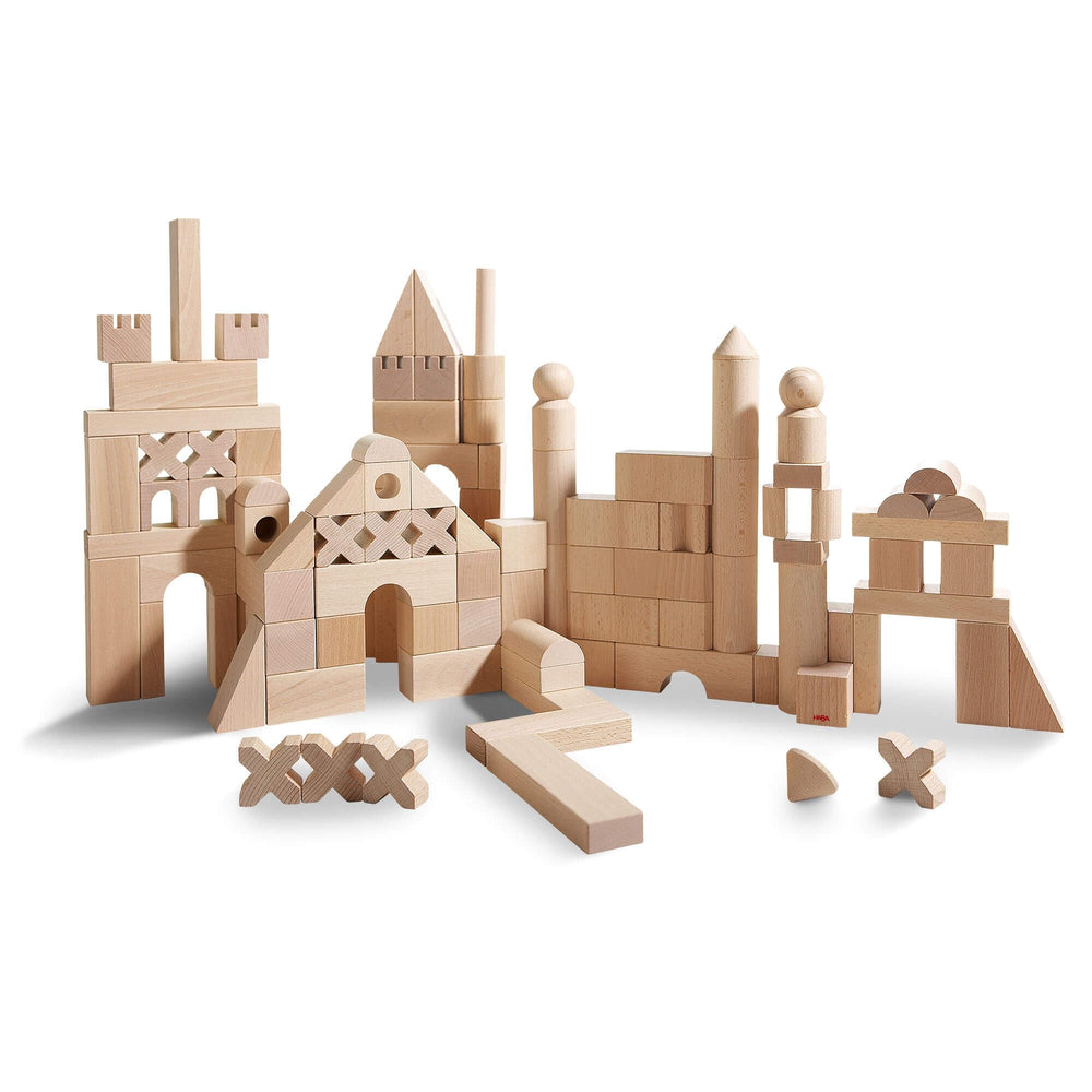 HABA extra-large wooden blocks for toddlers in a colorful stack for imaginative play.