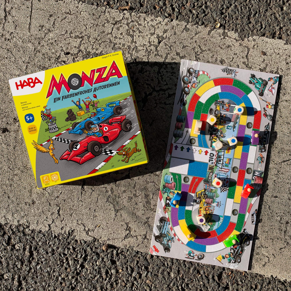 HABA Monza game board with compact, fast-paced race tracks.