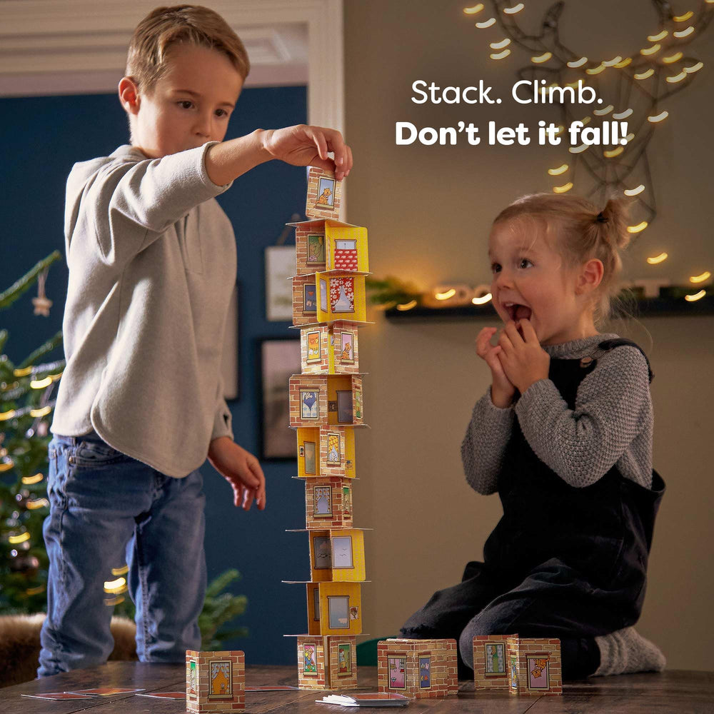 HABA Rhino Hero Game action shot encouraging turn-taking and social play in family evenings.