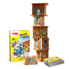 HABA Rhino Hero Game shows a tall tower being built for family play and focus.