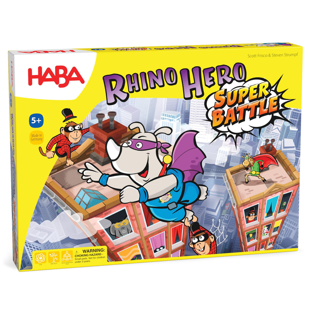 HABA Rhino Hero Super Battle shows a 3D skyscraper for creative stacking play