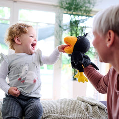 HABA Theo the Raven puppet's durable build supports long-lasting pretend play.