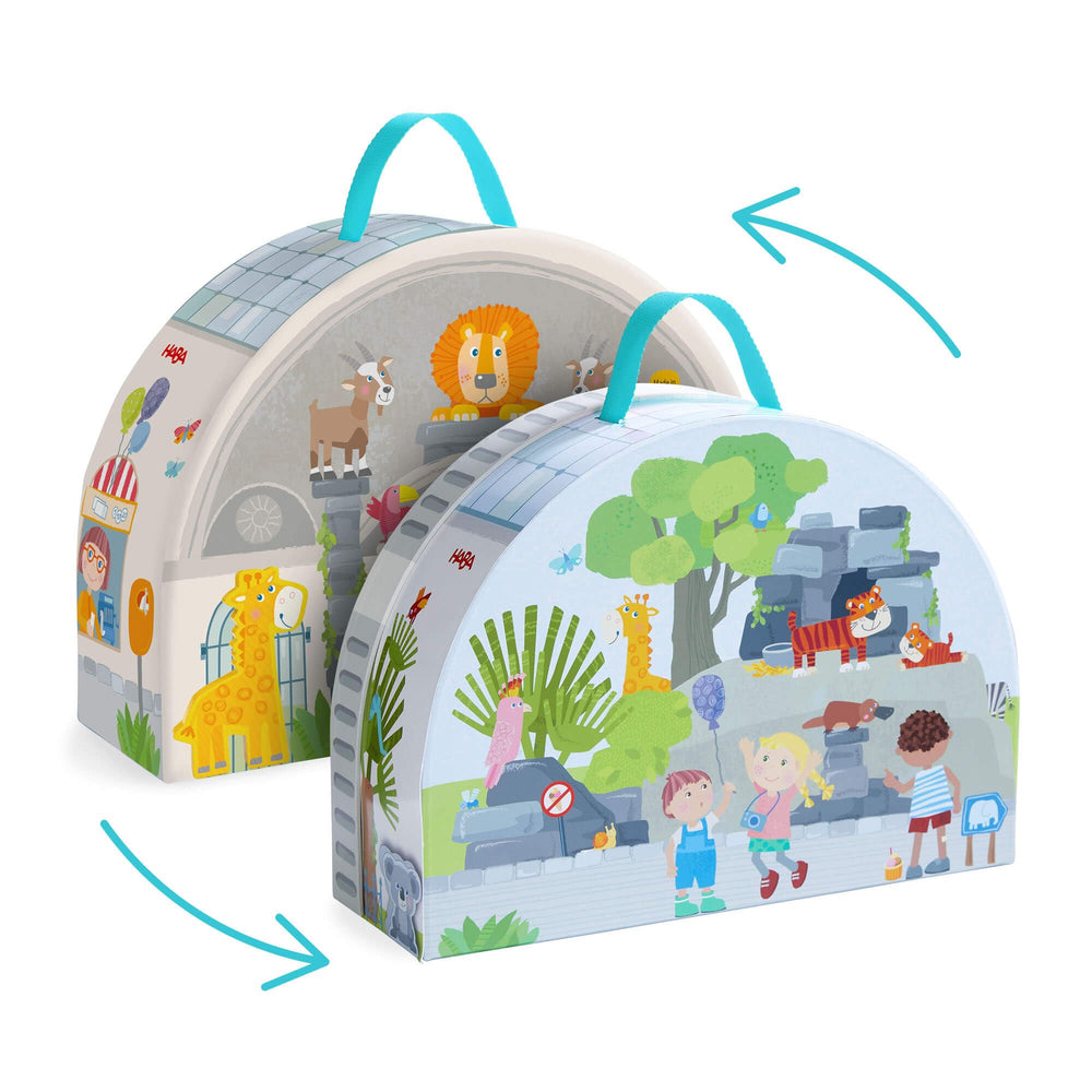 HABA travel case folds into a zoo scene to extend play.