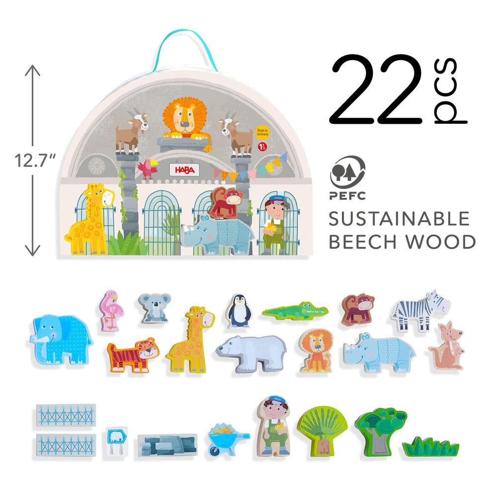 HABA wooden zoo accessories set sparks detailed pretend play scenarios.
