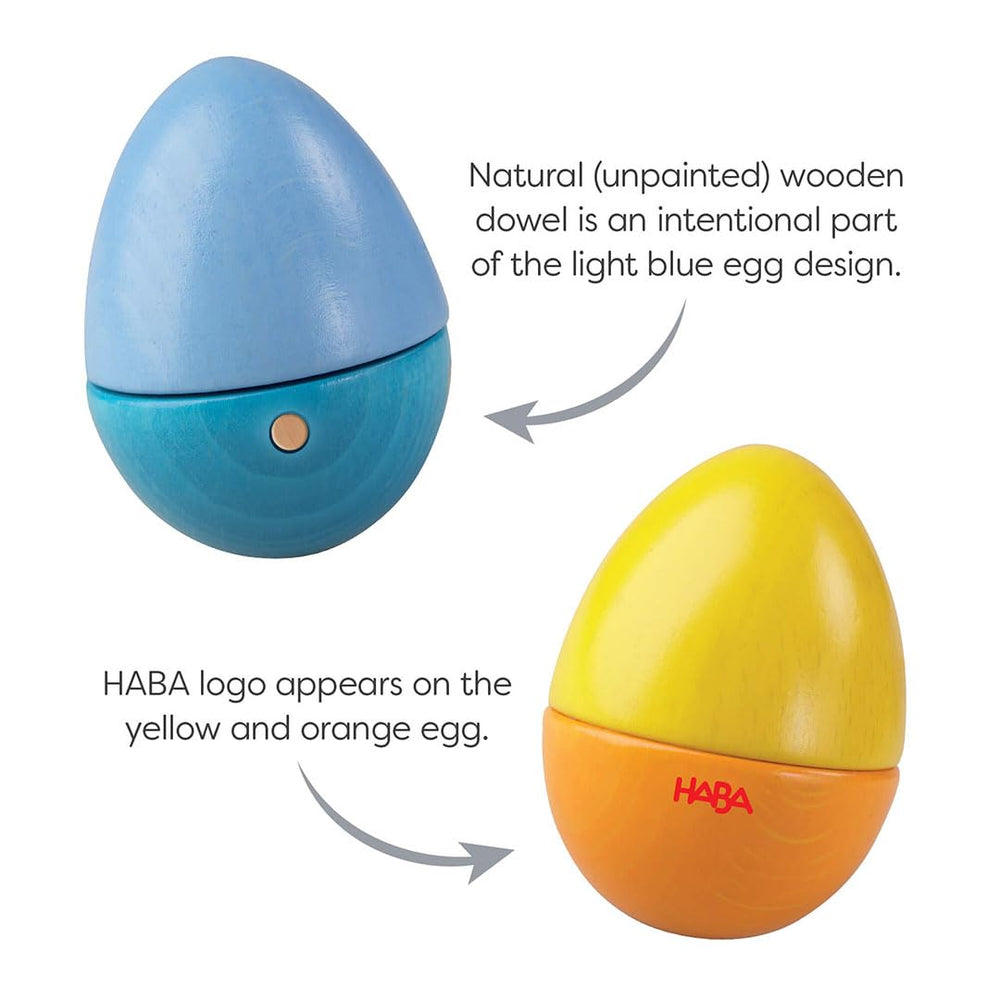 HABA yellow logo on egg detail emphasizes brand visibility during play.