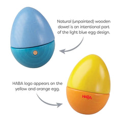 HABA yellow logo on egg detail emphasizes brand visibility during play.